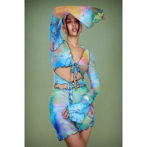 Jaded London Mix Fairy Print Tie Front Mesh Dress in Blue